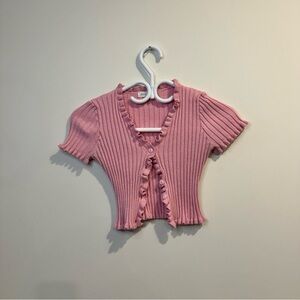 Active USA | women's small short sleeve ruffle trim crop-top in baby pink